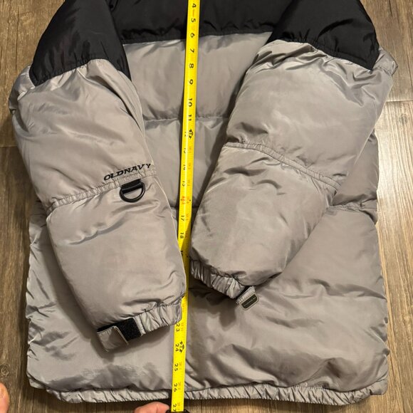 Old Navy Puffer Jacket Men’s Medium Gray & Black Hooded Winter Coat Fleece Lined - Picture 6 of 8